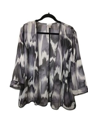 VTG Chico's Sheer Silk Open Front Cardigan Shawl Black White Abstract Size 3/XL